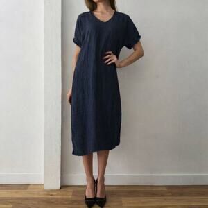 Francesca Bettini 100% Italian Linen Navy Blue Midi Shift Dress M Casual Resort